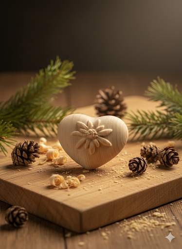 Swiss stone pine heart with 3D edelweiss