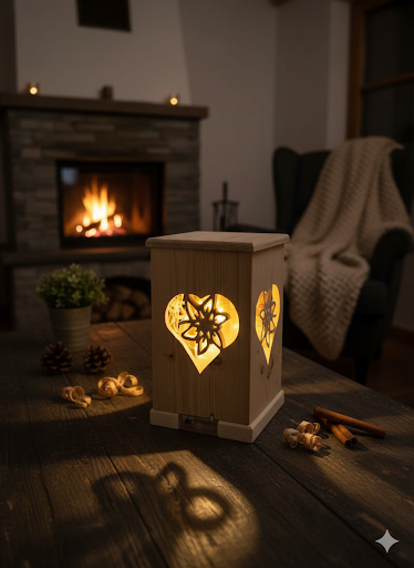 Zirbenlampe aus Tiroler Zirbenholz mit Herz-Edelweißmotiv - mit LED Lichtern - handgefertigt im Allgäu