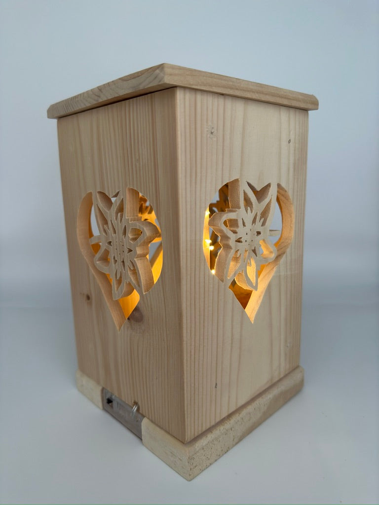 Stone pine lamp made of Tyrolean stone pine with heart edelweiss motif - with LED lights - handmade in the Allgäu