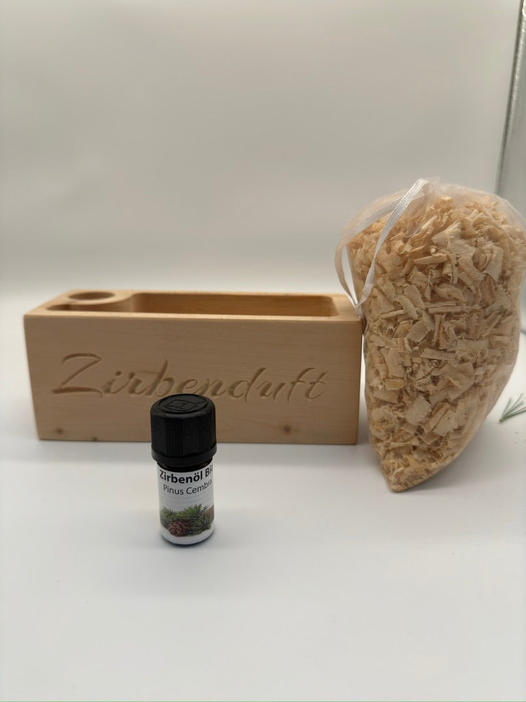 Zirbenduftbox groß mit Zirbenspäne und 5ml Bio-Zirbenöl