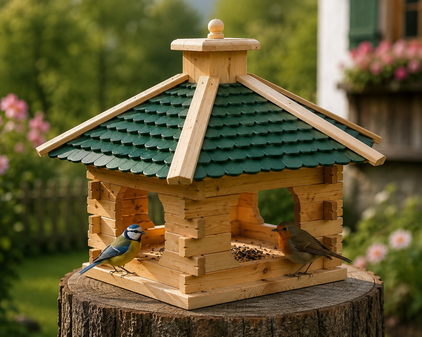 Vogelhaus L Grün mit Ständer – Handgefertigt aus Kiefernholz