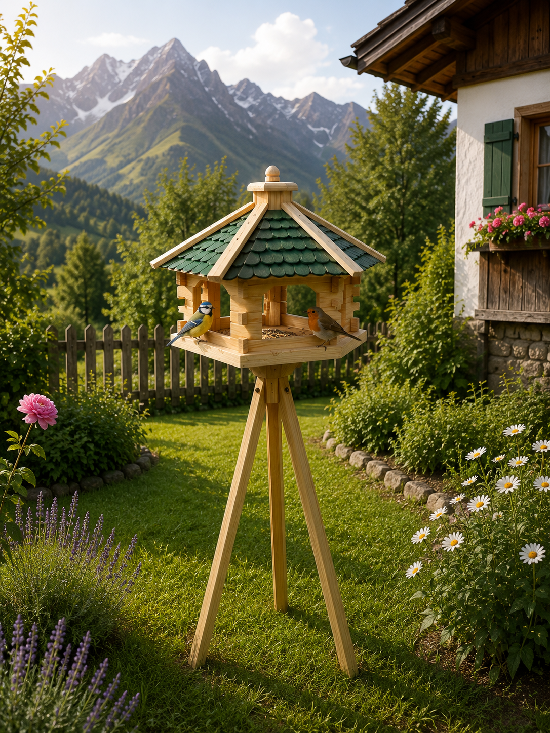 Vogelhaus L Grün mit Ständer – Handgefertigt aus Kiefernholz
