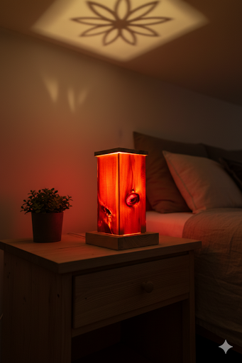 Zirbenlampe aus dem Allgäu mit auswechselbarer E14-Lampe und Schalter