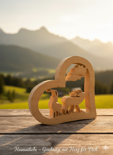 Zirbenherz mit Hirsch, Steinbock und Eichenblatt aus Tiroler Zirbenholz 30cm