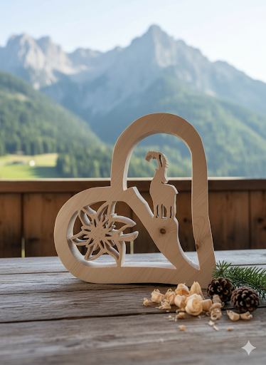 Zirbenherz mit Steinbock und Edelweiß Tiroler Zirbenholz 30 cm hoch