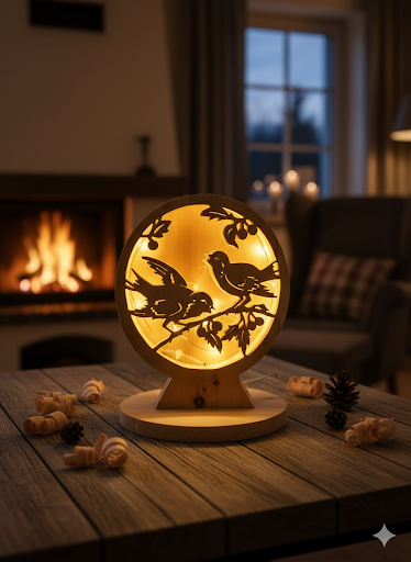 Zirbenlampe mit Vogelmotiv – mit LED Leuchte handgefertigt im Allgäu aus Tiroler Zirbenholz