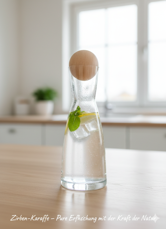 Glaskaraffe 1l mit Zirbenkugel 7cm - gedrechselt aus Tiroler Zirbenholz