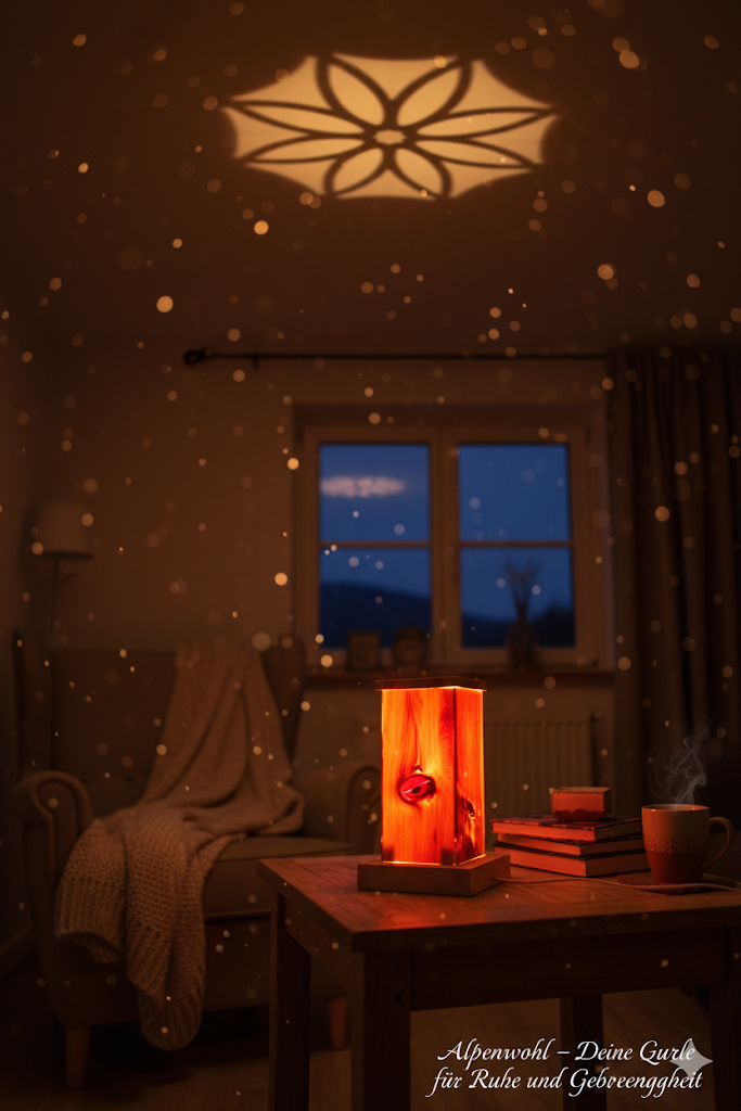 Zirbenlampe aus dem Allgäu mit auswechselbarer E14-Lampe und Schalter